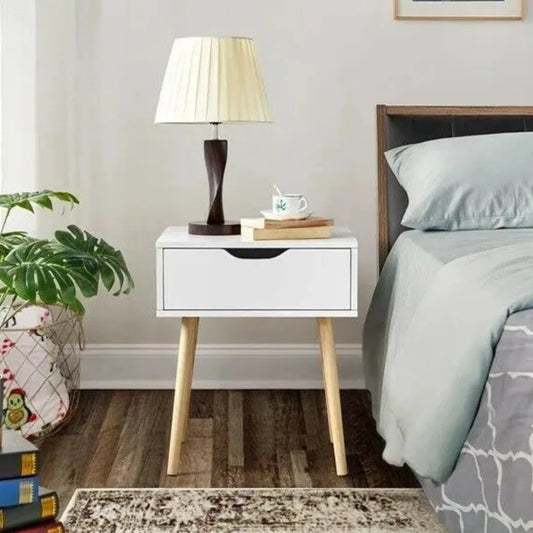 White Mid-Century Modern Side Table with Drawer and Solid Wood Legs