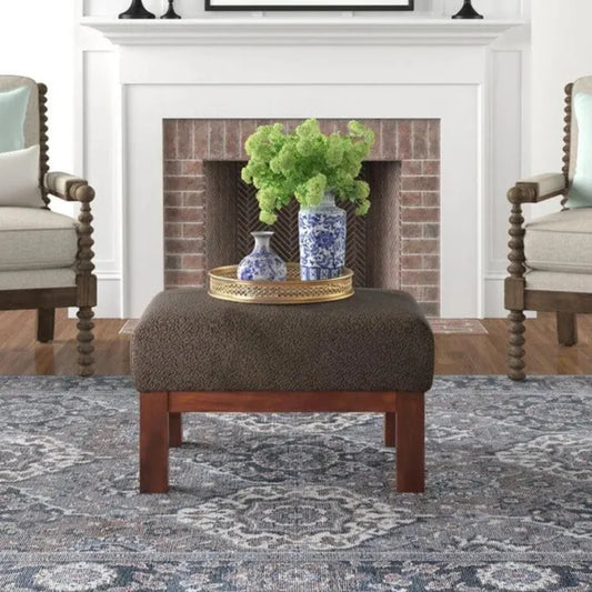 Brown Wooden Framed Ottoman Stool with Plush Cotton Cushion