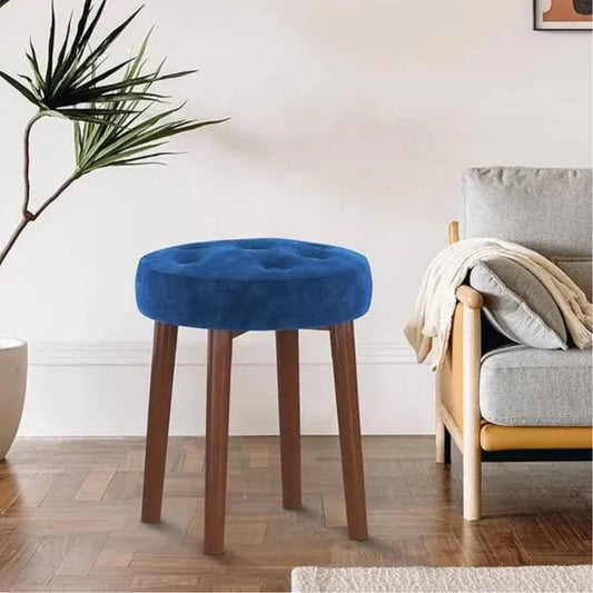 Blue Tufted Round Vanity Stool with Wooden Legs