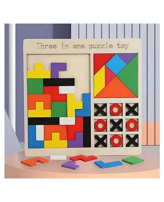 Kids Wooden Children'S Educational Colorful Square Tangram Game Chess Xo Tic-Tac-Toe Nine-Square Three-In-One Puzzle Building Blocks Early Education Toy