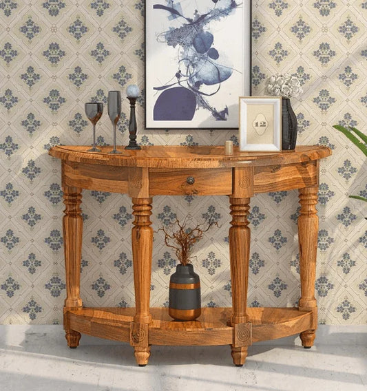 Half-Moon Sheesham Wood Console Table with Drawer