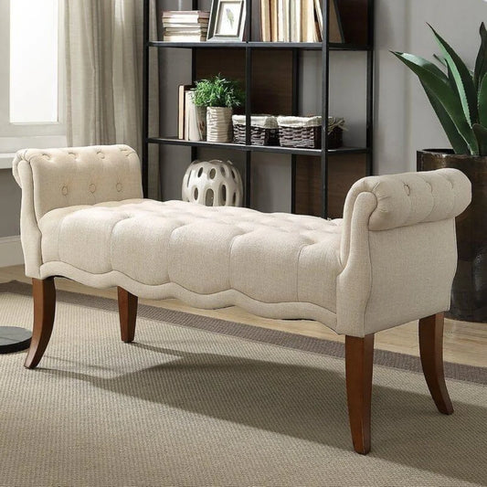 Modern Upholstered Tufted Roll Arm Bench with Curved Legs