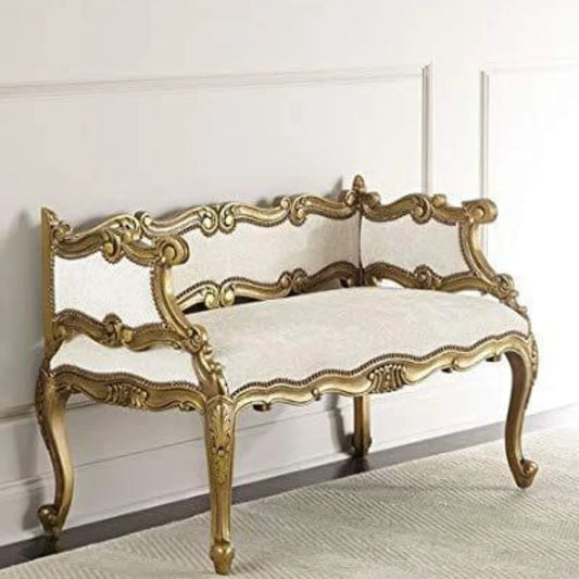 Handcrafted Sheesham Wood Ivory Upholstered Couch with Ornate Carvings