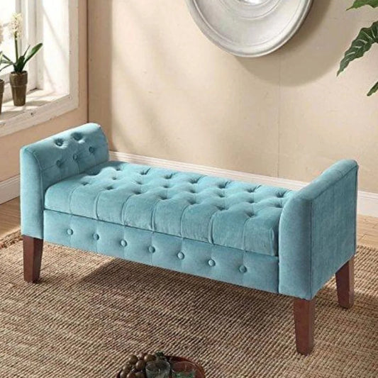 Teal Velvet Tufted Storage Bench with Wooden Legs