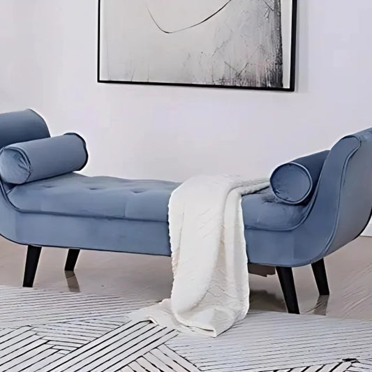 Velvet Upholstered Curved Sofa Bench with Bolster Pillows – Rose Red, Orange, Light Blue