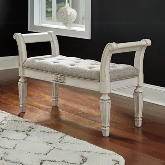 Ashley Realyn French Country Upholstered Tufted Accent Bench in Antique White