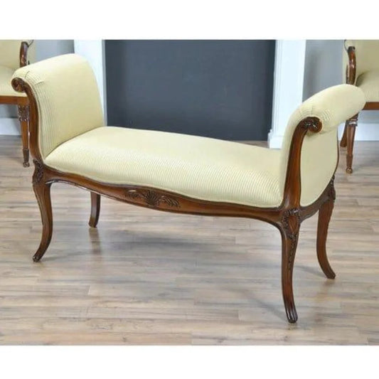 Handcrafted Teak Wood Upholstered Bench with Carved Details