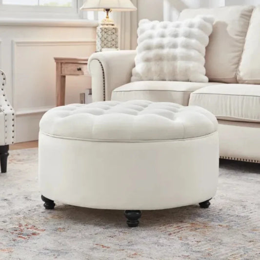 Daquasha Round Upholstered Storage Ottoman with Button-Tufted Flip-Top