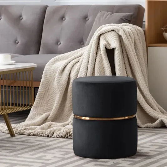Black Velvet Upholstered Round Stool with Golden Accent
