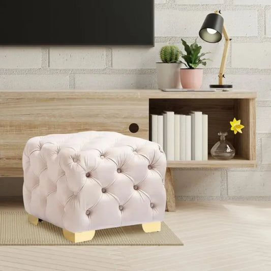 Pink Velvet Tufted Stool with Wooden Legs and Cotton Cushion