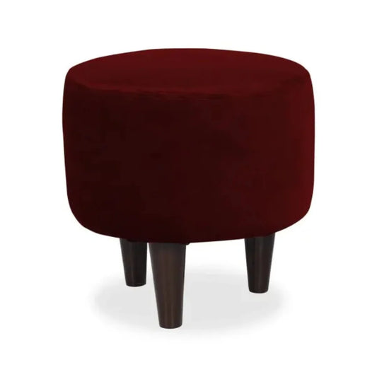 Maroon Velvet Round Stool with Wooden Legs and Cotton Cushion