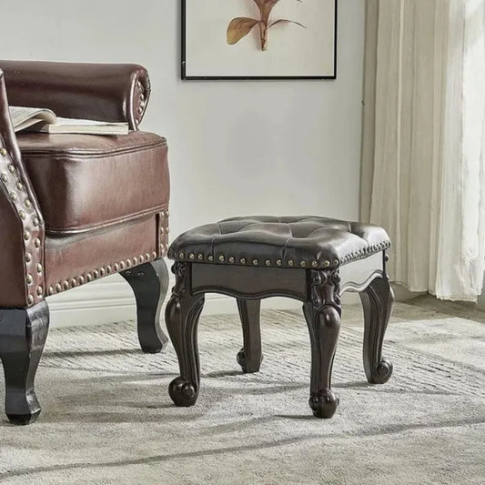 Dark Brown Square Leatherette Footstool Ottoman with Carved Wooden Legs