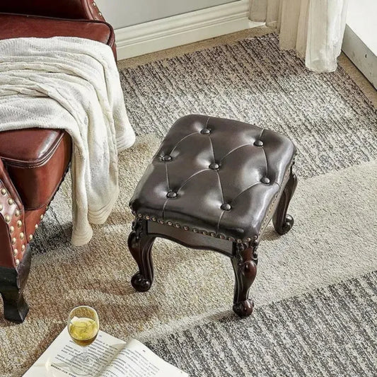 Dark Brown Square Leatherette Footstool Ottoman with Carved Wooden Legs