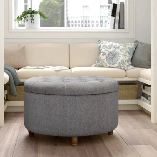 Grey Tufted Round Ottoman with Wooden Legs and Hidden Storage