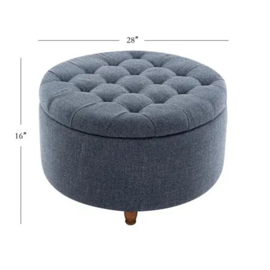 Grey Tufted Round Ottoman with Wooden Legs and Hidden Storage