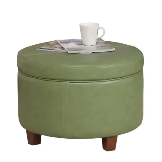 Moss Green Faux Leather Ottoman with Wooden Legs and Hidden Storage