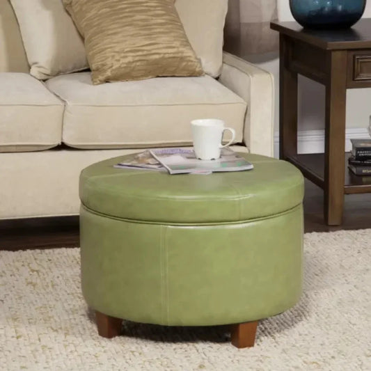 Moss Green Faux Leather Ottoman with Wooden Legs and Hidden Storage