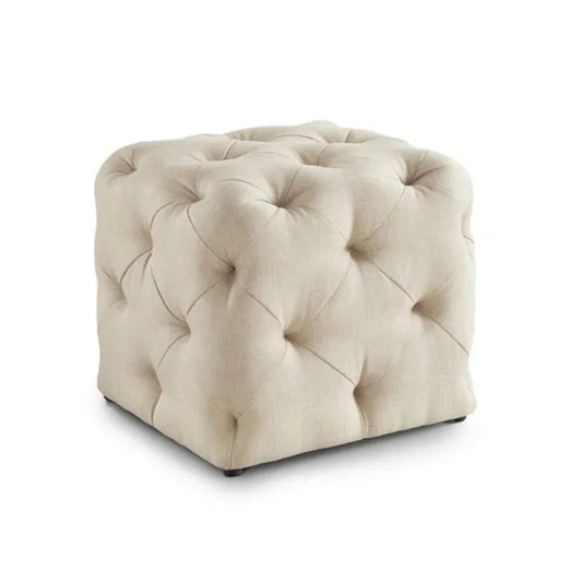Cream Tufted Cotton Cushion Ottoman for Home Decor