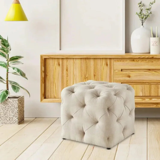 Cream Tufted Cotton Cushion Ottoman for Home Decor