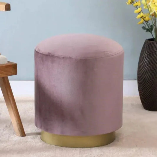 Pink Velvet Upholstered Round Ottoman with Gold Base (16" x 18")