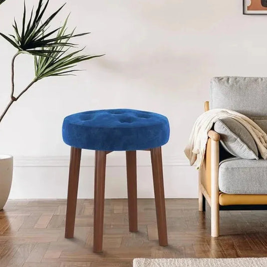 Blue Round Vanity Stool with Wooden Legs