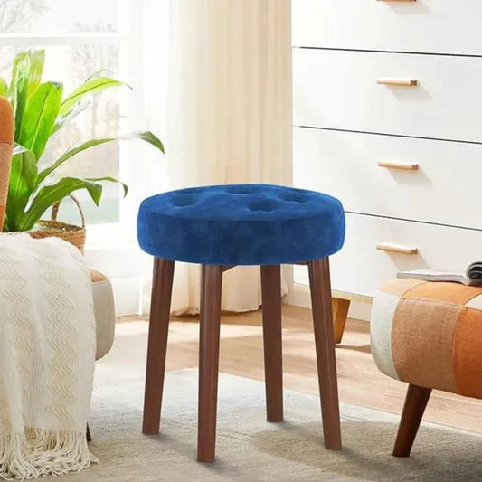Blue Round Vanity Stool with Wooden Legs