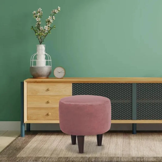 Pink Upholstered Round Stool with Wooden Legs
