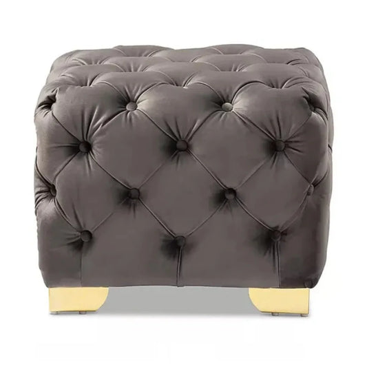 Grey Velvet Tufted Ottoman with Gold Base