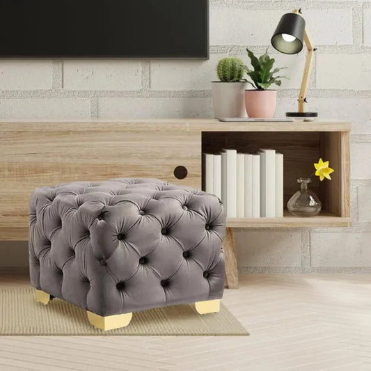 Grey Velvet Tufted Ottoman with Gold Base