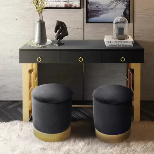Black Velvet Round Storage Ottoman with Gold Base