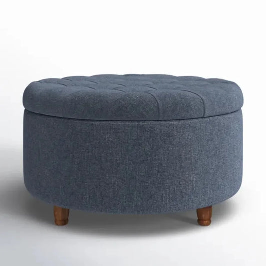 Blue Round Upholstered Storage Ottoman with Button Tufting