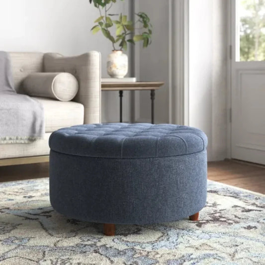 Blue Round Upholstered Storage Ottoman with Button Tufting