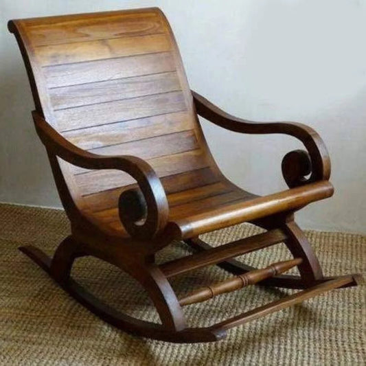 Classic Wooden Slatted Rocking Chair with Curved Armrests