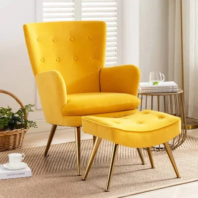 Wilbar Yellow Velvet Accent Chair with Ottoman