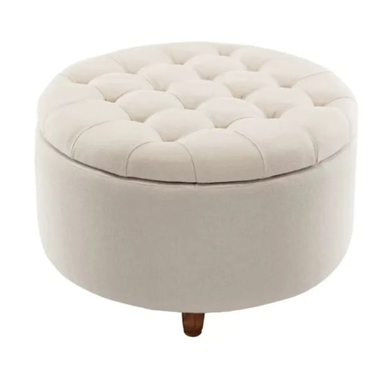 Cream Round Upholstered Storage Ottoman with Wooden Legs