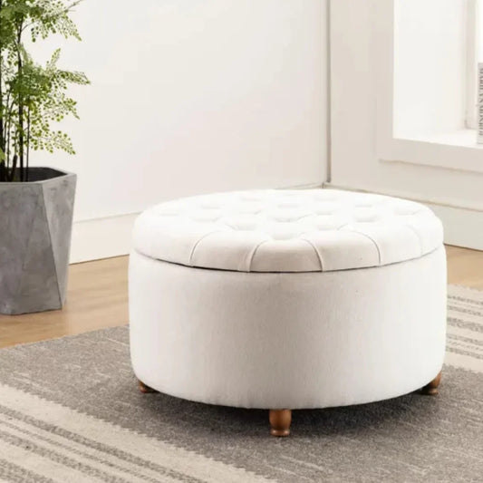 Cream Round Upholstered Storage Ottoman with Wooden Legs