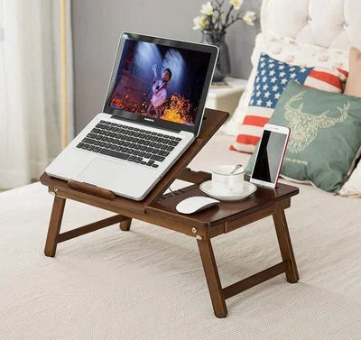 Foldable Wooden Laptop Desk Tray with Drawer and Device Slots