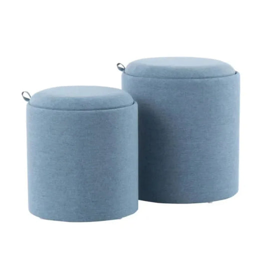 Blue Round Storage Ottoman with Cotton Cushion and Wooden Frame