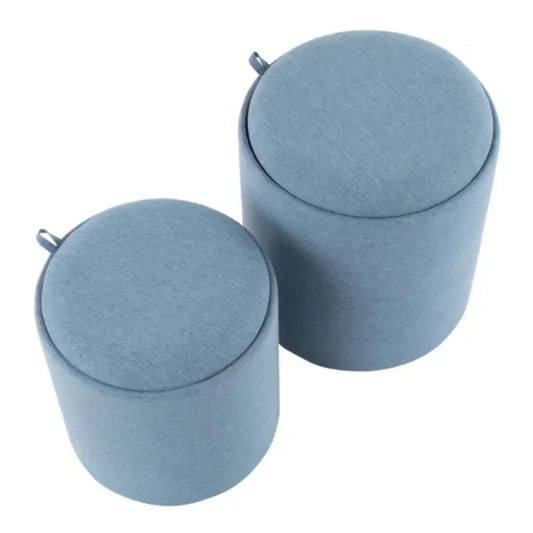 Blue Round Storage Ottoman with Cotton Cushion and Wooden Frame