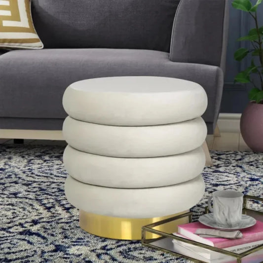 Cream Velvet Round Storage Ottoman with Gold Base