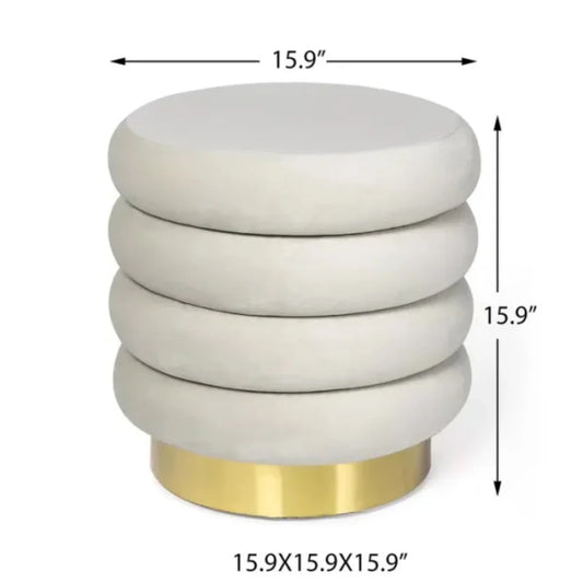 Cream Velvet Round Storage Ottoman with Gold Base