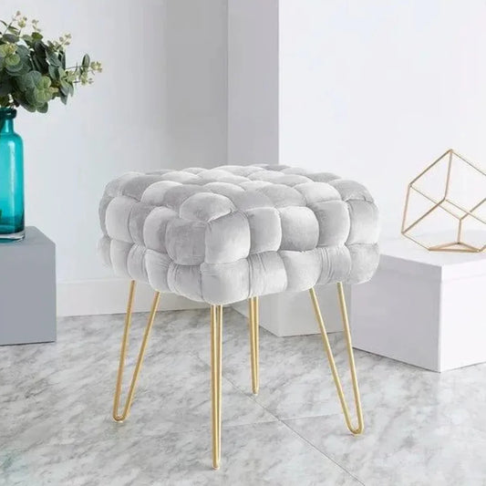 Flemin Wide Velvet Tufted Square Cocktail Ottoman with Gold Legs