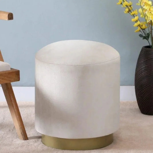 White Velvet Round Ottoman with Gold Base