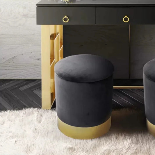 Grey Velvet Round Storage Ottoman with Gold Base