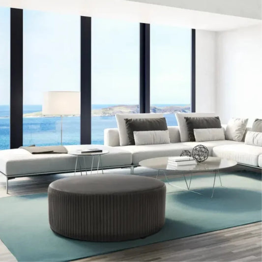 Grey Round Upholstered Coffee Table Ottoman