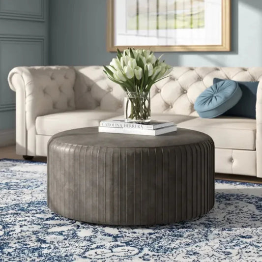 Grey Round Upholstered Coffee Table Ottoman