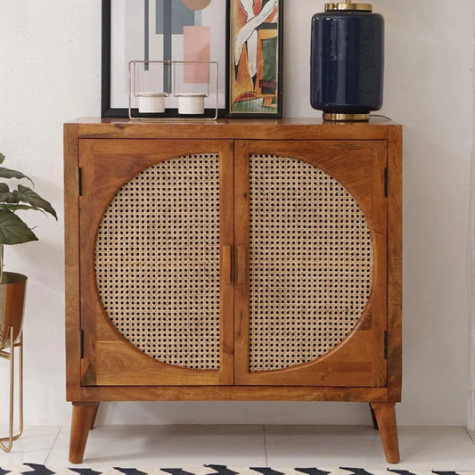 Ipsit 2-Door Mango Wood & Cane Cabinet