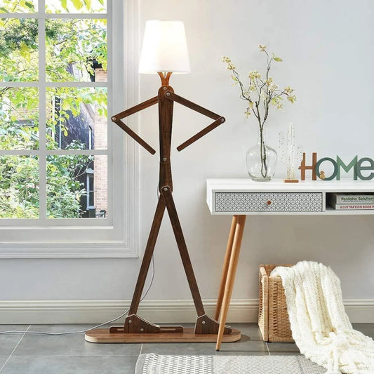 Decorative Wooden Stick Man Floor Lamp with Swing Arm