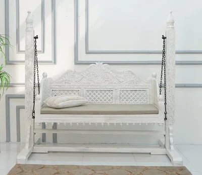 Crate White Finish Swing Chair with Intricate Carvings