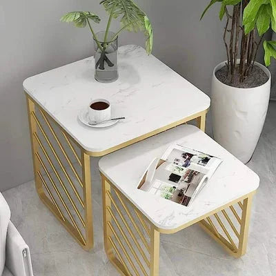Square Sofa Side Nesting Tables Set with Marble Tops